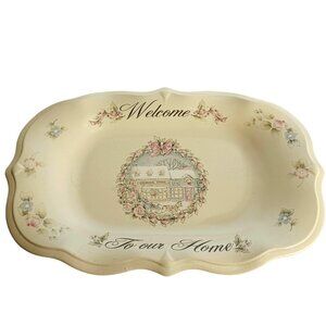 Tea Rose Holiday Bread Tray 14" scalloped platter sculpted Welcome crafted USA